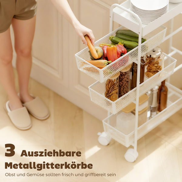 Küchenwagen schmal mit Rollen 3 Etagen Metall weiss