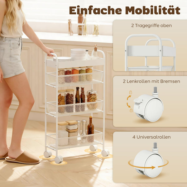 Küchenwagen schmal mit Rollen 3 Etagen Metall weiss