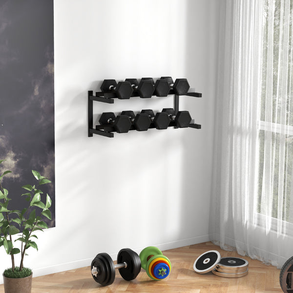 Wall-mounted dumbbell rack for 70kg weights and kettlebells, space-saving