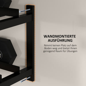 Wall-mounted dumbbell rack for 70kg weights and kettlebells, space-saving