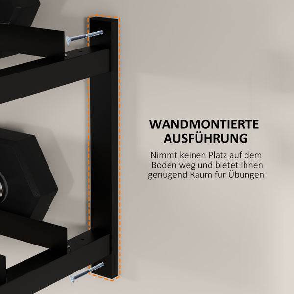 Wall-mounted dumbbell rack for 70kg weights and kettlebells, space-saving