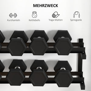 Wall-mounted dumbbell rack for 70kg weights and kettlebells, space-saving