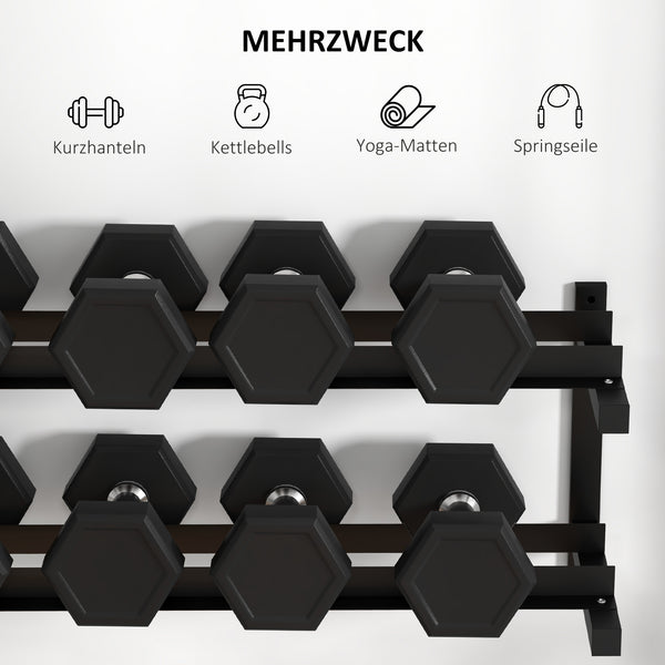 Wall-mounted dumbbell rack for 70kg weights and kettlebells, space-saving