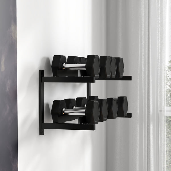 Wall-mounted dumbbell rack for 70kg weights and kettlebells, space-saving