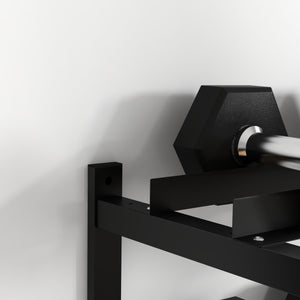Wall-mounted dumbbell rack for 70kg weights and kettlebells, space-saving