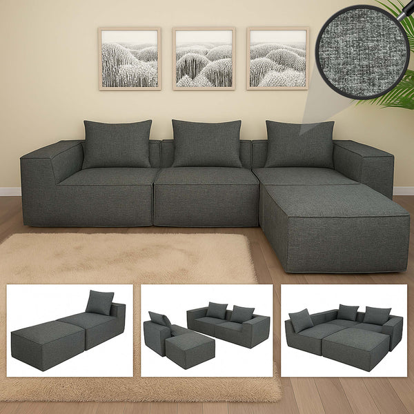 L-Sofa Lounge-Couch mit Ottomane modular rechts links 63x270x190cm dunkelgrau
