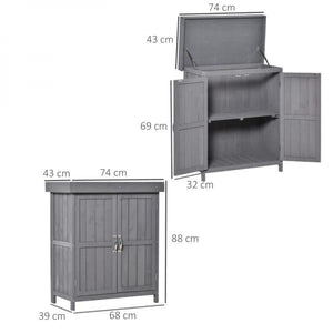 Geräteschrank, Doppeltür, Klappdeckel, 2 Regalfächer, wetterfest, Naturholz, grau