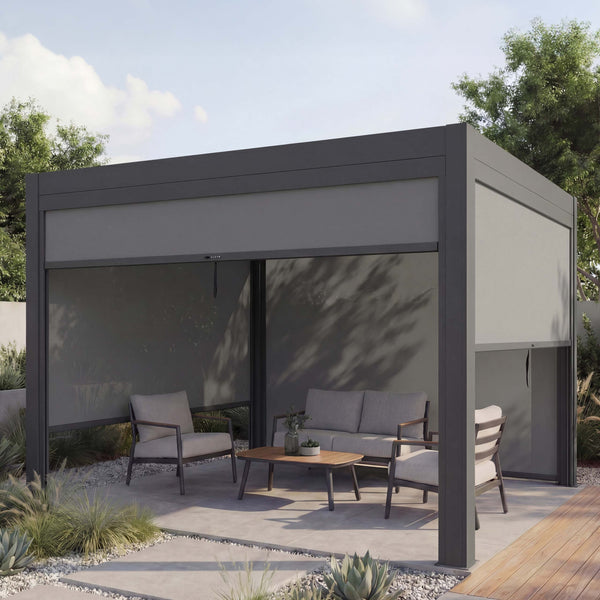 Lamellen Pergola Stanley Aluminium mit Seitenwand und Lamellen-Rollo 3x3m anthrazit