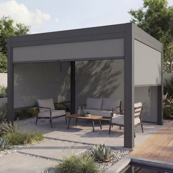 Lamellen Pergola Stanley Aluminium mit Seitenwand und Lamellen-Rollo 3x3m anthrazit