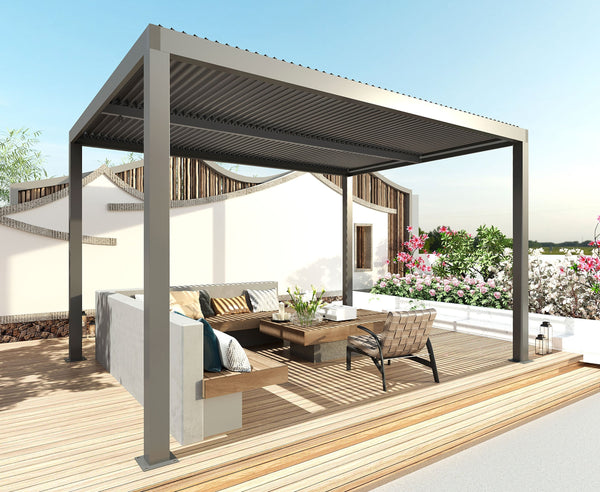 Lamellen-Pergola 3x3m aus Aluminium mit Regenrinne anthrazit