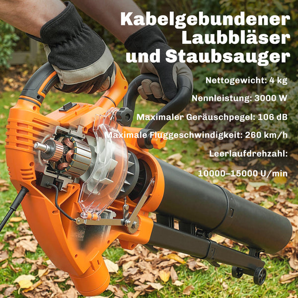 Laubbläser Laubsauger elektrisch 3-in-1 mit Rädern 3000W