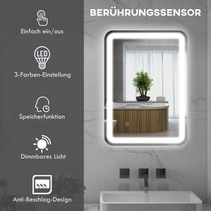 LED Badspiegel 50x70cm Touch-Schalter Anti-Beschlag Silber