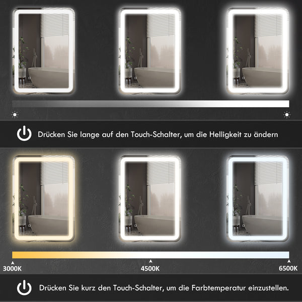 LED Badspiegel 50x70cm Touch-Schalter Anti-Beschlag Silber