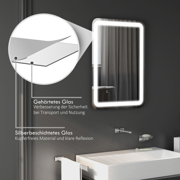 LED Badspiegel 50x70cm Touch-Schalter Anti-Beschlag Silber