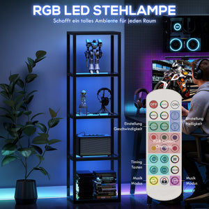 LED RGB Stehlampe mit Glasregalen und Fernbedienung schwarz