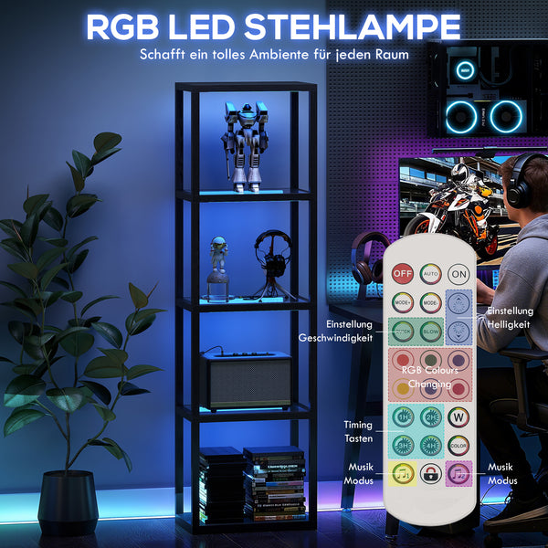 LED RGB Stehlampe mit Glasregalen und Fernbedienung schwarz