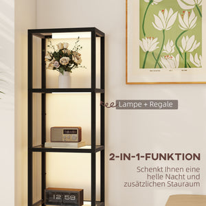 LED Stehlampe mit Regal Glasfächern und Fussschalter schwarz