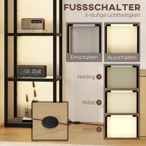LED Stehlampe mit Regal Glasfächern und Fussschalter schwarz