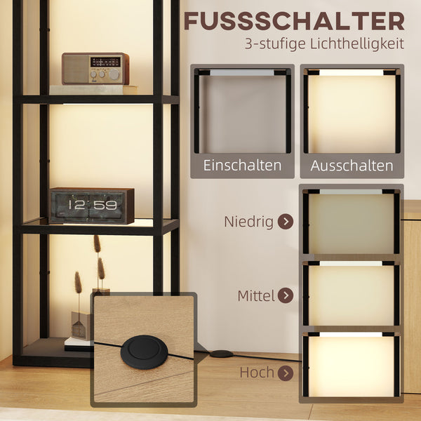 LED Stehlampe mit Regal Glasfächern und Fussschalter schwarz