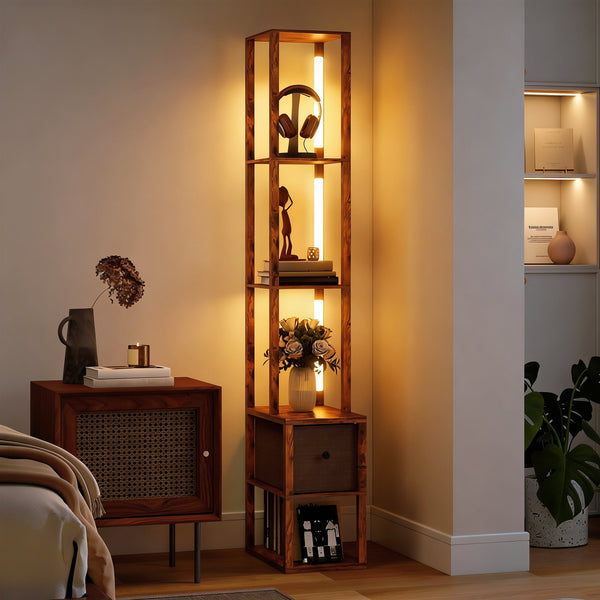 LED-Stehlampe mit Regal dimmbar für Schlafzimmer rustikal braun