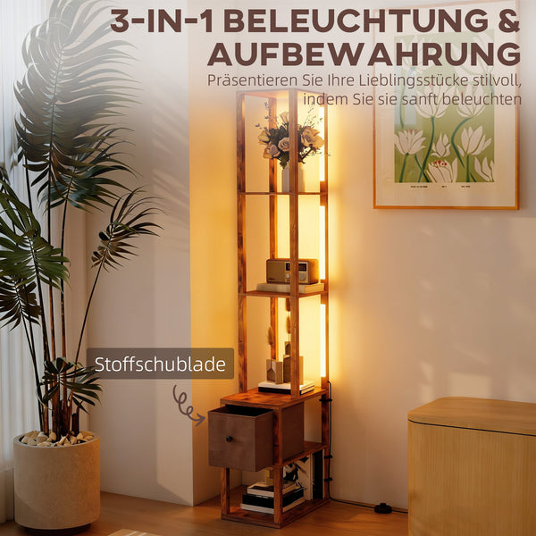 LED-Stehlampe mit Regal dimmbar für Schlafzimmer rustikal braun