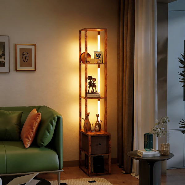 LED-Stehlampe mit Regal dimmbar für Schlafzimmer rustikal braun