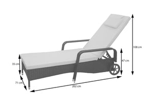 Liegestuhl Carrara Gartenliege Rattan mit Räder Braun Kissen beige