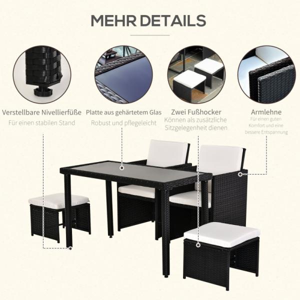 5-teilige Polyrattan Sitzgruppe Essgruppe Gartenset Garnitur mit Kissen Schwarz