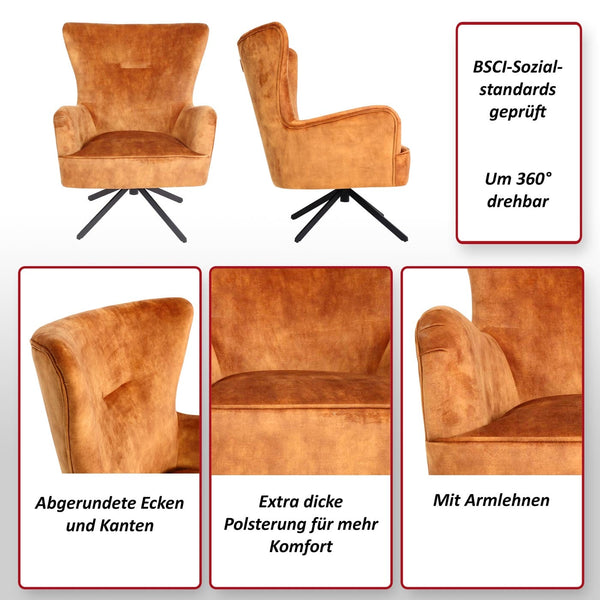 Lounge-Sessel Cocktailsessel drehbar Vintage Samt Metall gold-braun