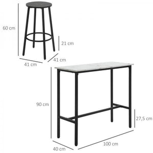 Bar-Set für 2 Personen, 1 Tisch mit 2 Barhockern, Tischplatte in Weisser Marmoroptik, Stahlrahmen
