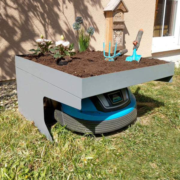 Mähroboter-Garage Metall grau mit Pflanzkasten, 37x60x70cm