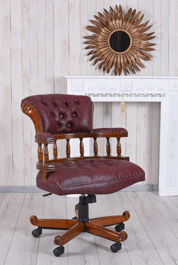 Englischer Chefsessel Bürostuhl Chesterfield Bürosessel Mahagoni Ledersessel