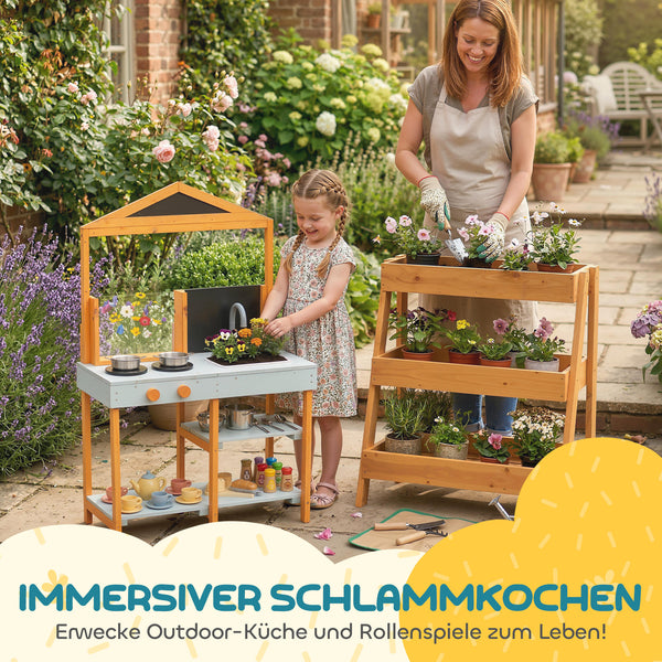 Matschküche Outdoor für Kinder mit Herd und Spüle aus Holz