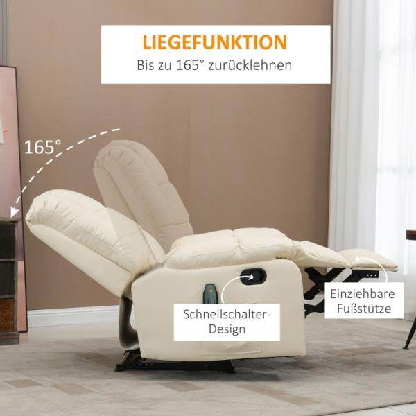 Massagesessel, Relaxsessel, 8 Vibrationspunkte, Liegefunktion, Kunstleder, cremeweiss