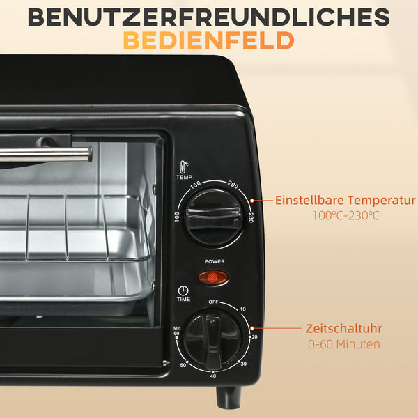 Mini Backofen 10L 750W mit 60-Min Timer Schwarz