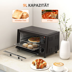 Mini-Backofen mit Grillrost Backblech und Timer 9L schwarz