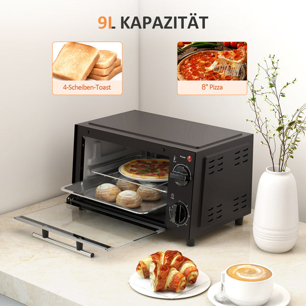 Mini-Backofen mit Grillrost Backblech und Timer 9L schwarz