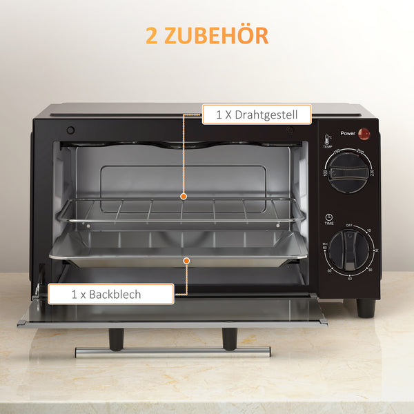 Mini-Backofen mit Grillrost Backblech und Timer 9L schwarz