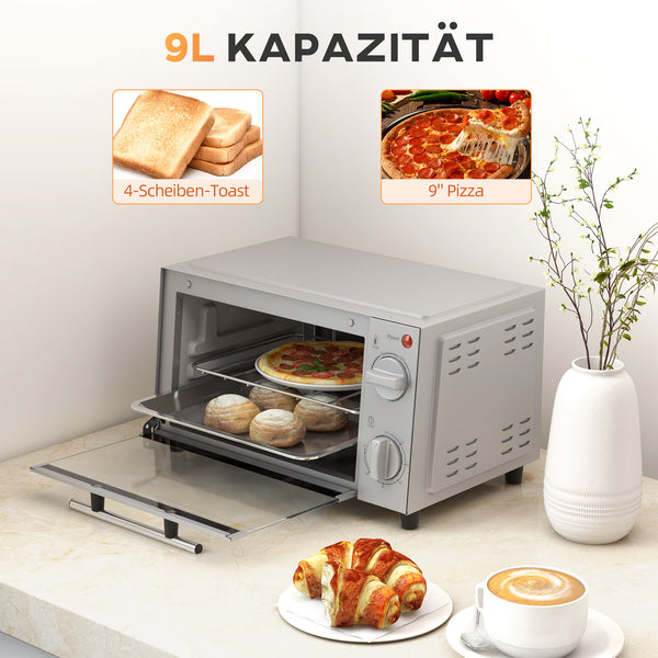 Mini oven 9L 750W 100-230°C with timer and accessories, stainless steel, silver