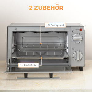 Mini oven 9L 750W 100-230°C with timer and accessories, stainless steel, silver