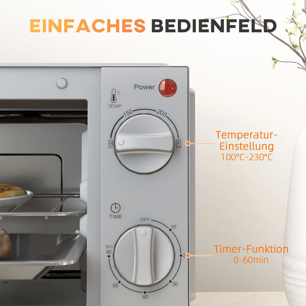 Mini oven 9L 750W 100-230°C with timer and accessories, stainless steel, silver