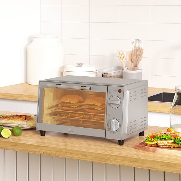 Mini oven 9L 750W 100-230°C with timer and accessories, stainless steel, silver