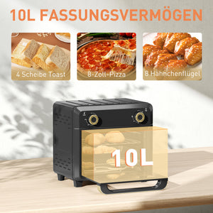 Minibackofen Heissluftfritteuse mit Umluft 10L schwarz