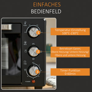 Minibackofen Kompaktofen 21L mit 3 Kochmodi Schwarz-Silber