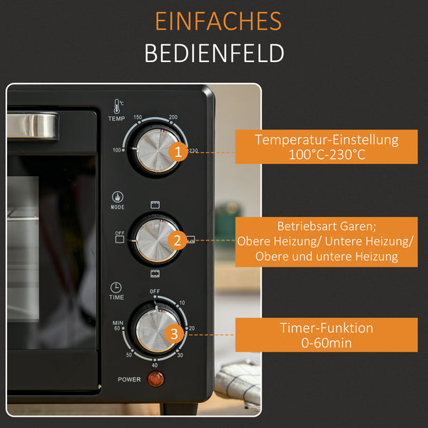 Minibackofen Kompaktofen 21L mit 3 Kochmodi Schwarz-Silber
