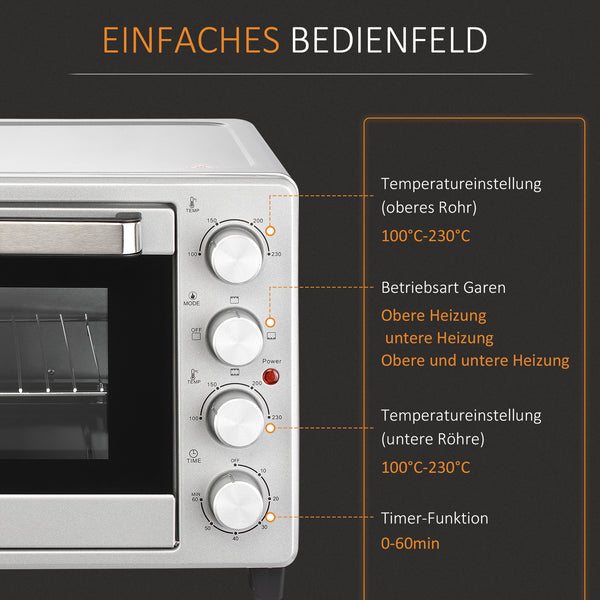 Minibackofen Kompaktofen 32L Edelstahl Glas Silber