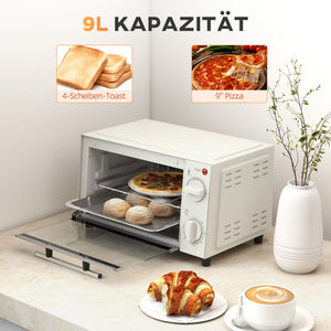 Minibackofen Kompaktofen 9L 750W 100-230°C mit Timer und Zubehör Edelstahl Cremeweiss