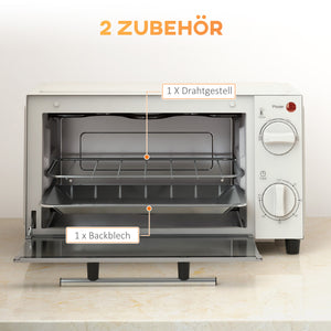 Minibackofen Kompaktofen 9L 750W 100-230°C mit Timer und Zubehör Edelstahl Cremeweiss