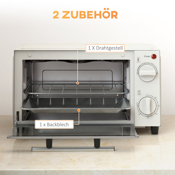 Minibackofen Kompaktofen 9L 750W 100-230°C mit Timer und Zubehör Edelstahl Cremeweiss