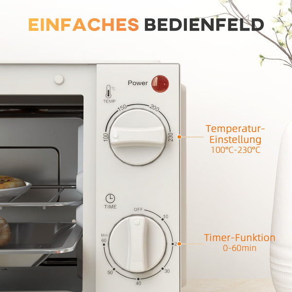 Minibackofen Kompaktofen 9L 750W 100-230°C mit Timer und Zubehör Edelstahl Cremeweiss